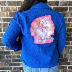 Upcycled Blue Jacket With Vintage Cabbage Patch Kid Unicorn Iron-On On Back